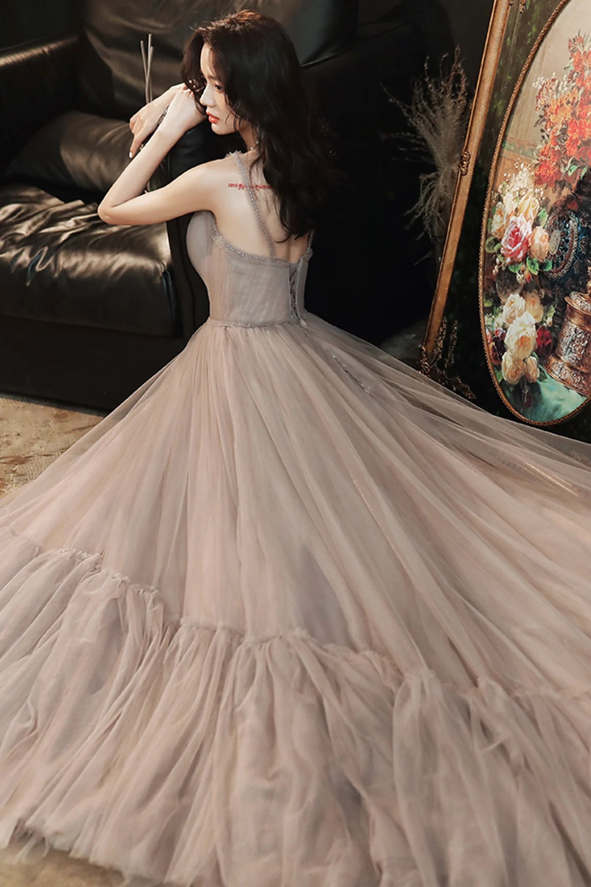 As Pic Stylish A Line V Neck Beaded Tulle Long Prom Dress Evening Dress