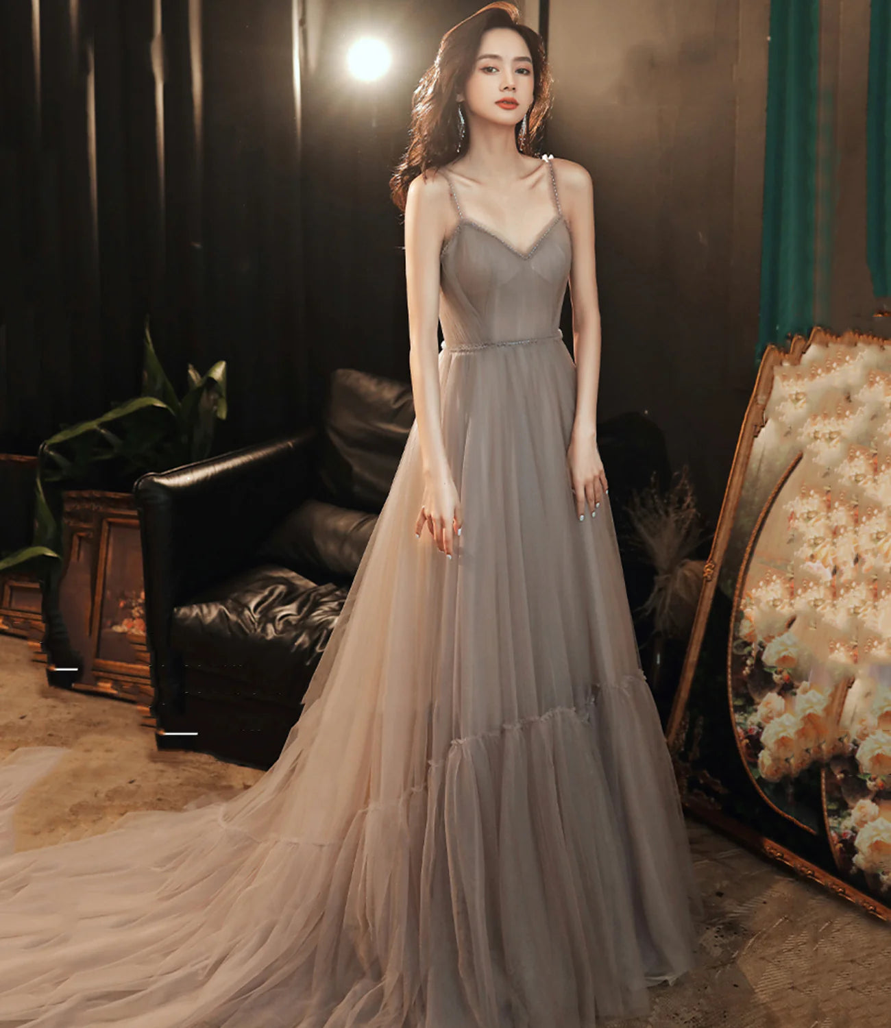 As Pic Stylish A Line V Neck Beaded Tulle Long Prom Dress Evening Dress