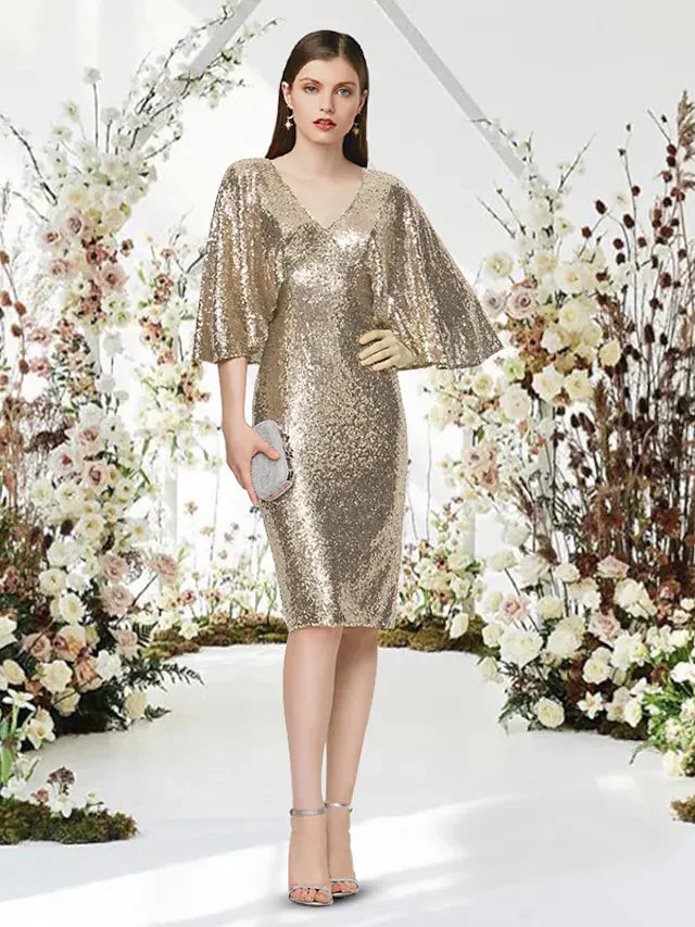 Cocktail Party Dress V Neck Half Sleeve Knee Length Sequined with Sleek