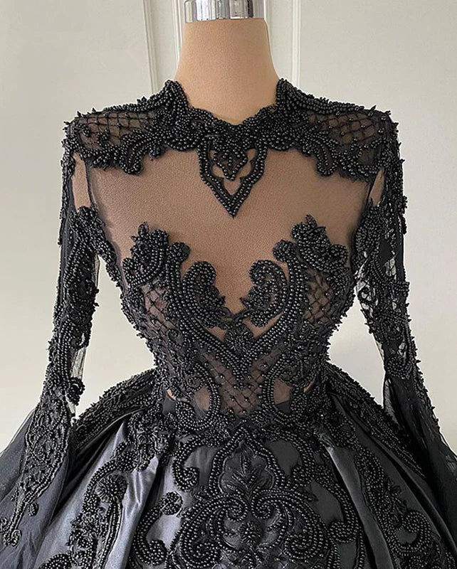 Ball Gown Half High Neck Beaded Satin Black Prom Dress Wedding Dress Custom