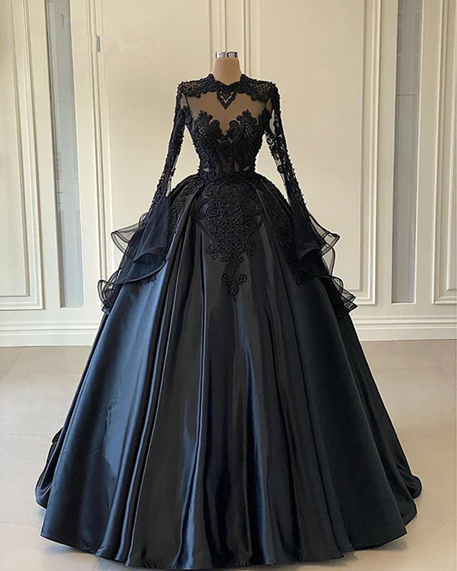Ball Gown Half High Neck Beaded Satin Black Prom Dress Wedding Dress Custom