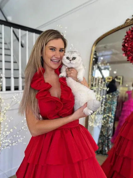 Ball Gown Halter Neck Tiered Ruffles Satin Red Long Prom Dress With Split