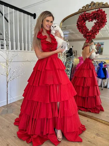 Ball Gown Halter Neck Tiered Ruffles Satin Red Long Prom Dress With Split