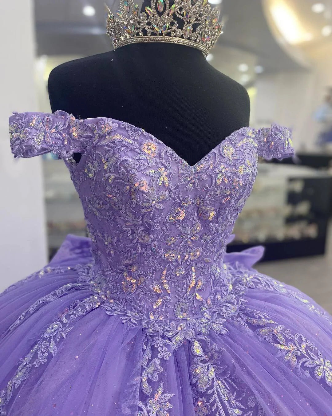 Ball Gown Off-Shoulder Corset Appliques Sequins Lace Lilac Prom Dress