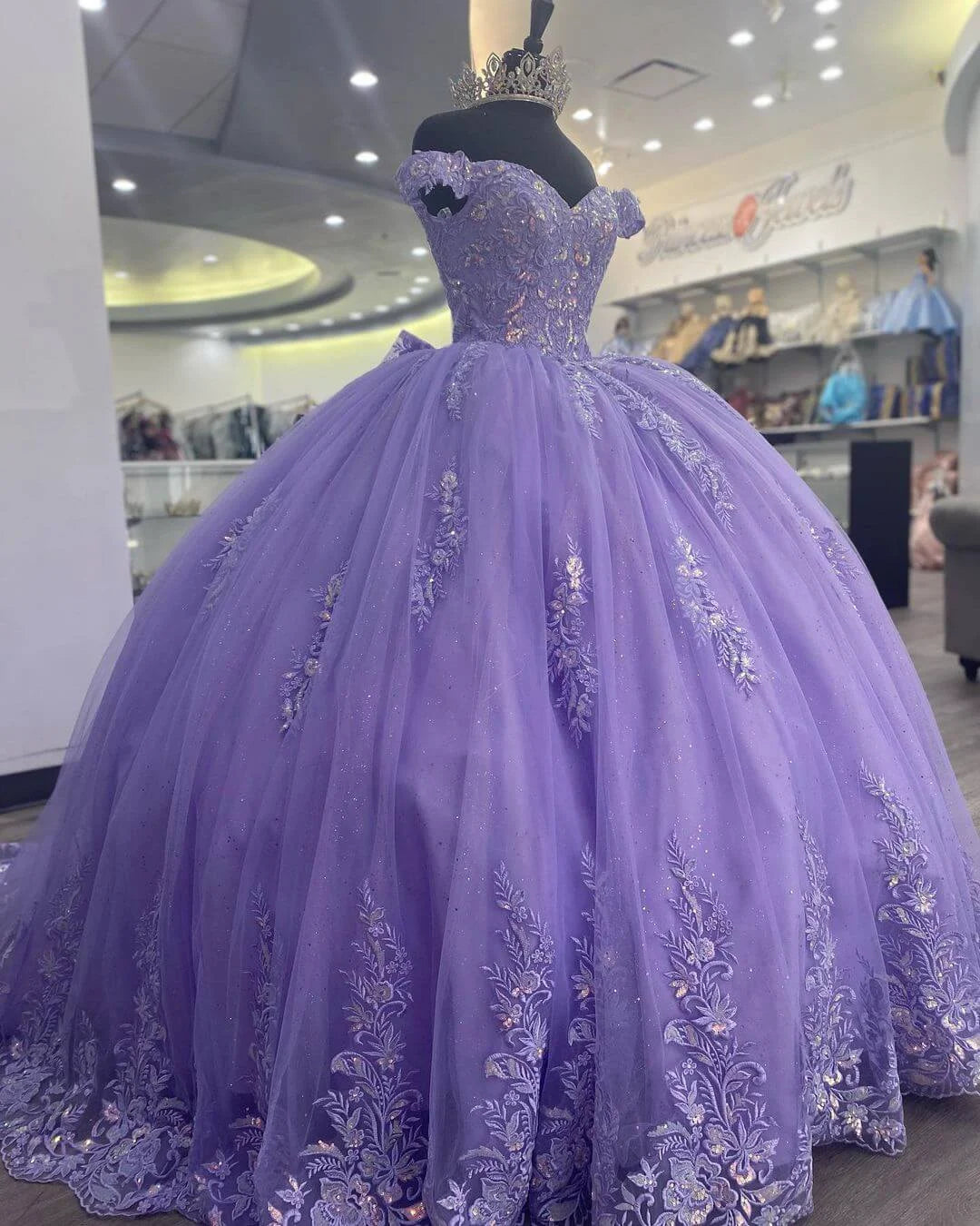 Ball Gown Off-Shoulder Corset Appliques Sequins Lace Lilac Prom Dress