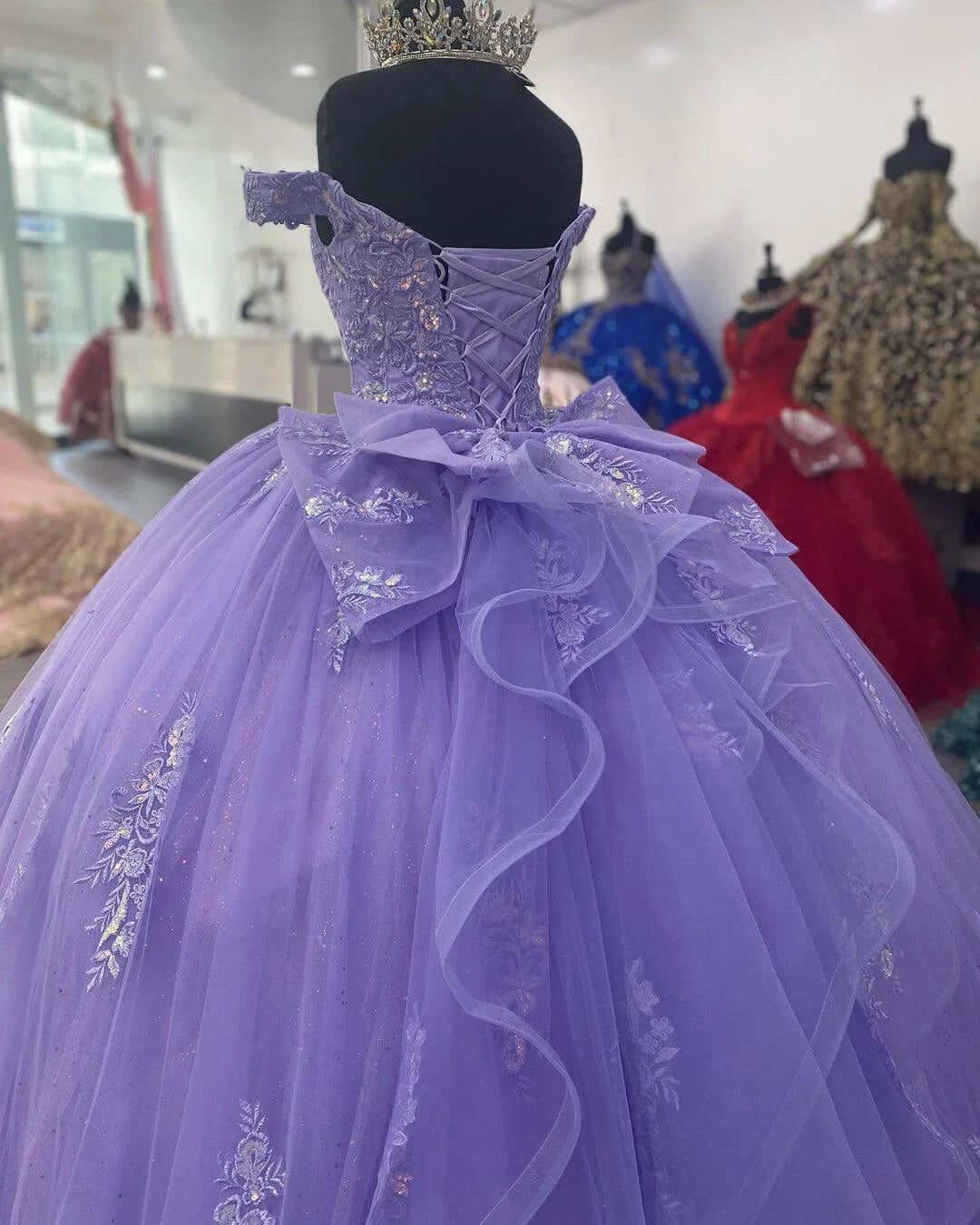 Ball Gown Off-Shoulder Corset Appliques Sequins Lace Lilac Prom Dress
