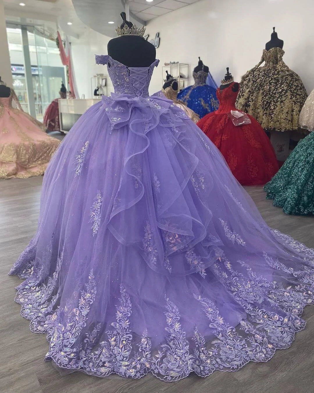 Ball Gown Off-Shoulder Corset Appliques Sequins Lace Lilac Prom Dress