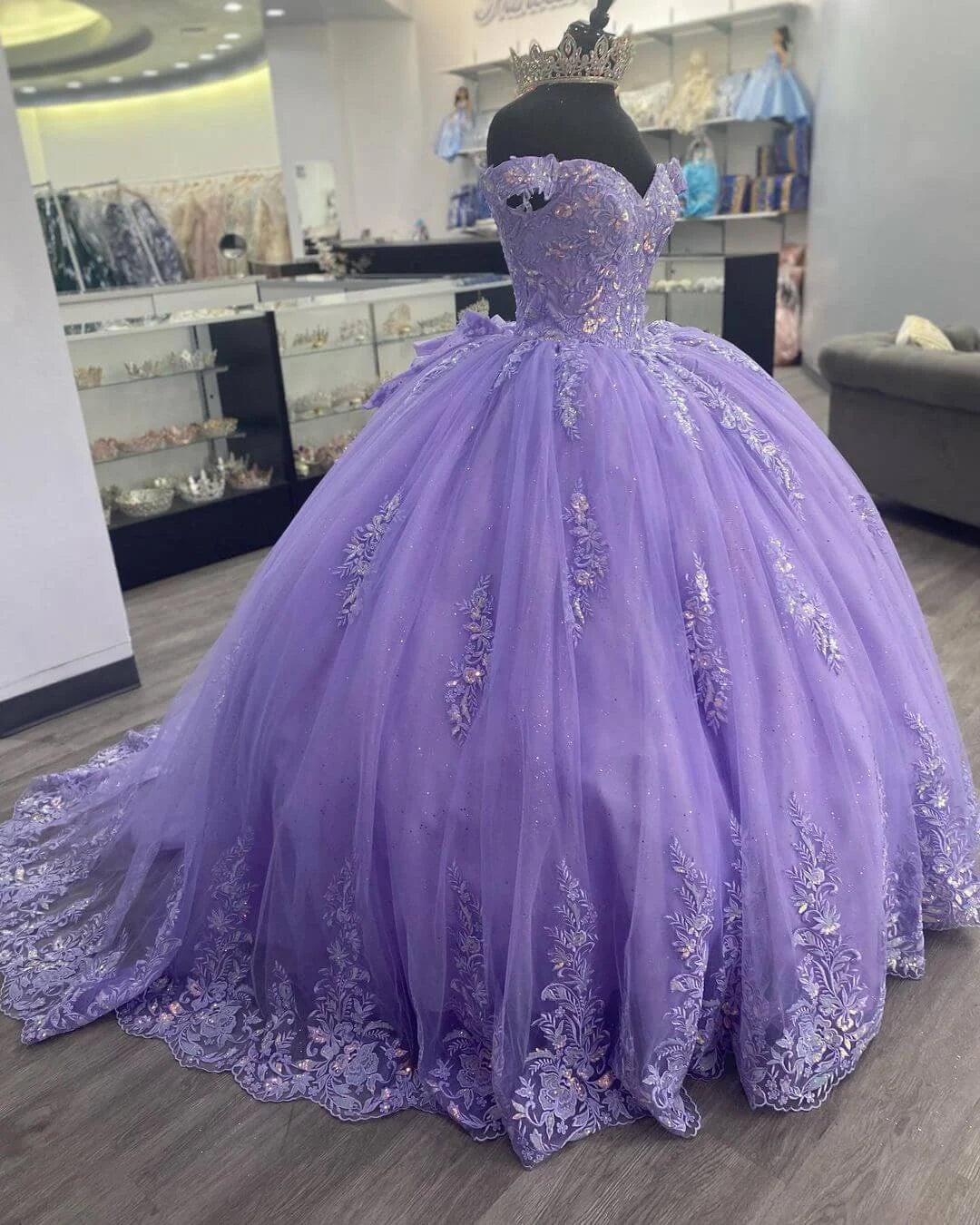 Ball Gown Off-Shoulder Corset Appliques Sequins Lace Lilac Prom Dress
