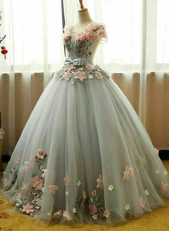 Ball Gown Round Neck 3D Flowers Grey Prom Dress Sweet 16 Formal