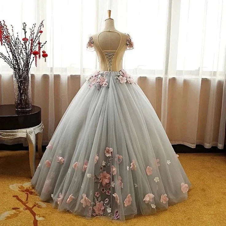 Ball Gown Round Neck 3D Flowers Grey Prom Dress Sweet 16 Formal