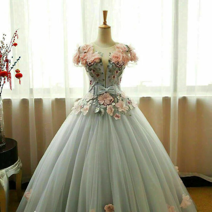 Ball Gown Round Neck 3D Flowers Grey Prom Dress Sweet 16 Formal