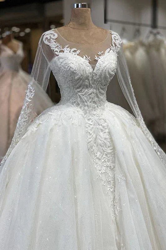 Ball Gown Round Neck Long Sleeve Tulle White Wedding Dress Prom Dress