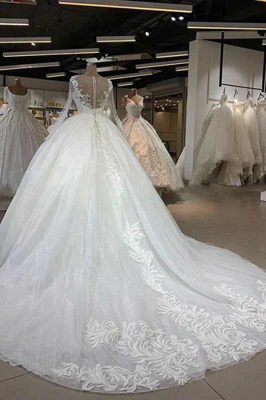 Ball Gown Round Neck Long Sleeve Tulle White Wedding Dress Prom Dress