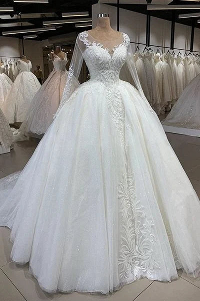 Ball Gown Round Neck Long Sleeve Tulle White Wedding Dress Prom Dress