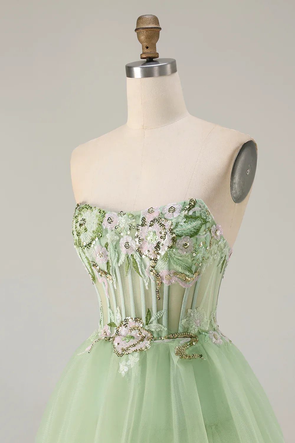 Ball Gown Strapless Corset Sequin Tiered Ruffle Sage Green Maxi Prom Dress With Slit