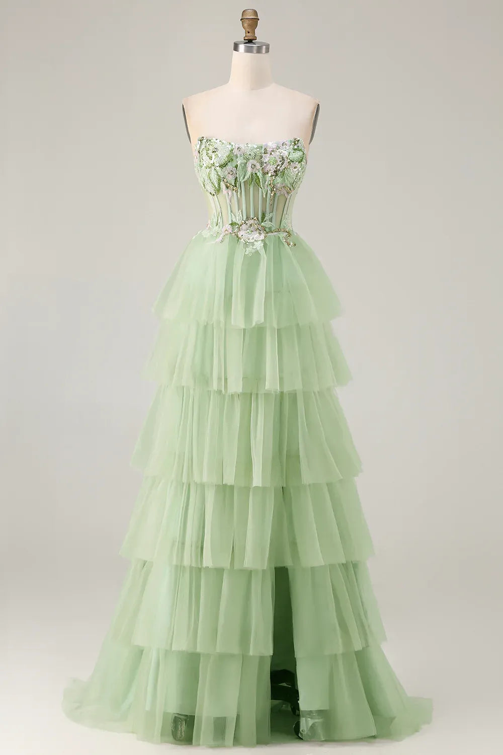 Ball Gown Strapless Corset Sequin Tiered Ruffle Sage Green Maxi Prom Dress With Slit
