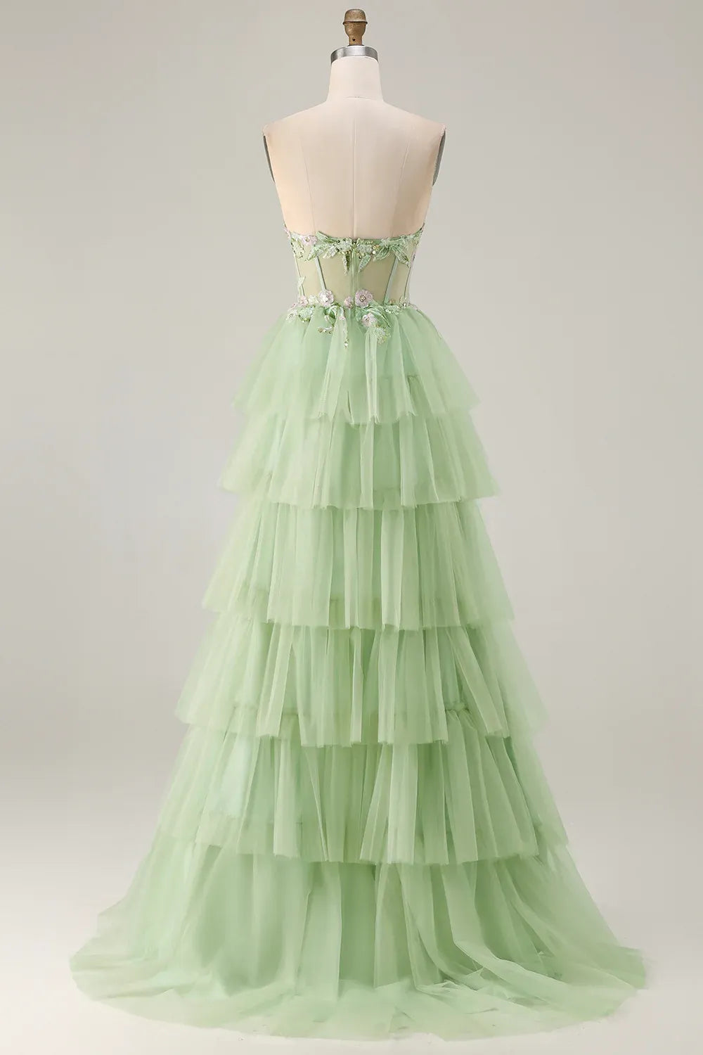Ball Gown Strapless Corset Sequin Tiered Ruffle Sage Green Maxi Prom Dress With Slit