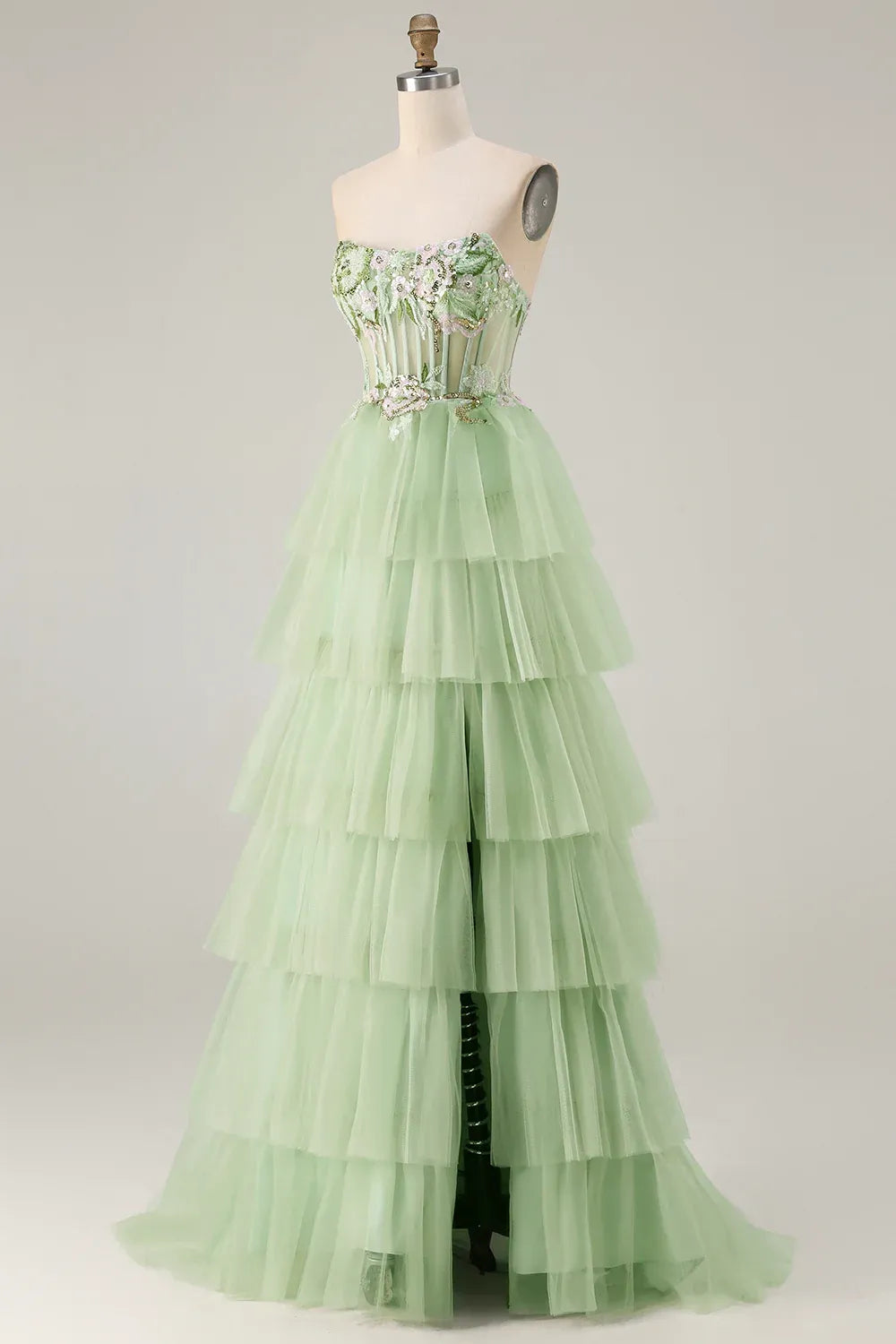 Ball Gown Strapless Corset Sequin Tiered Ruffle Sage Green Maxi Prom Dress With Slit