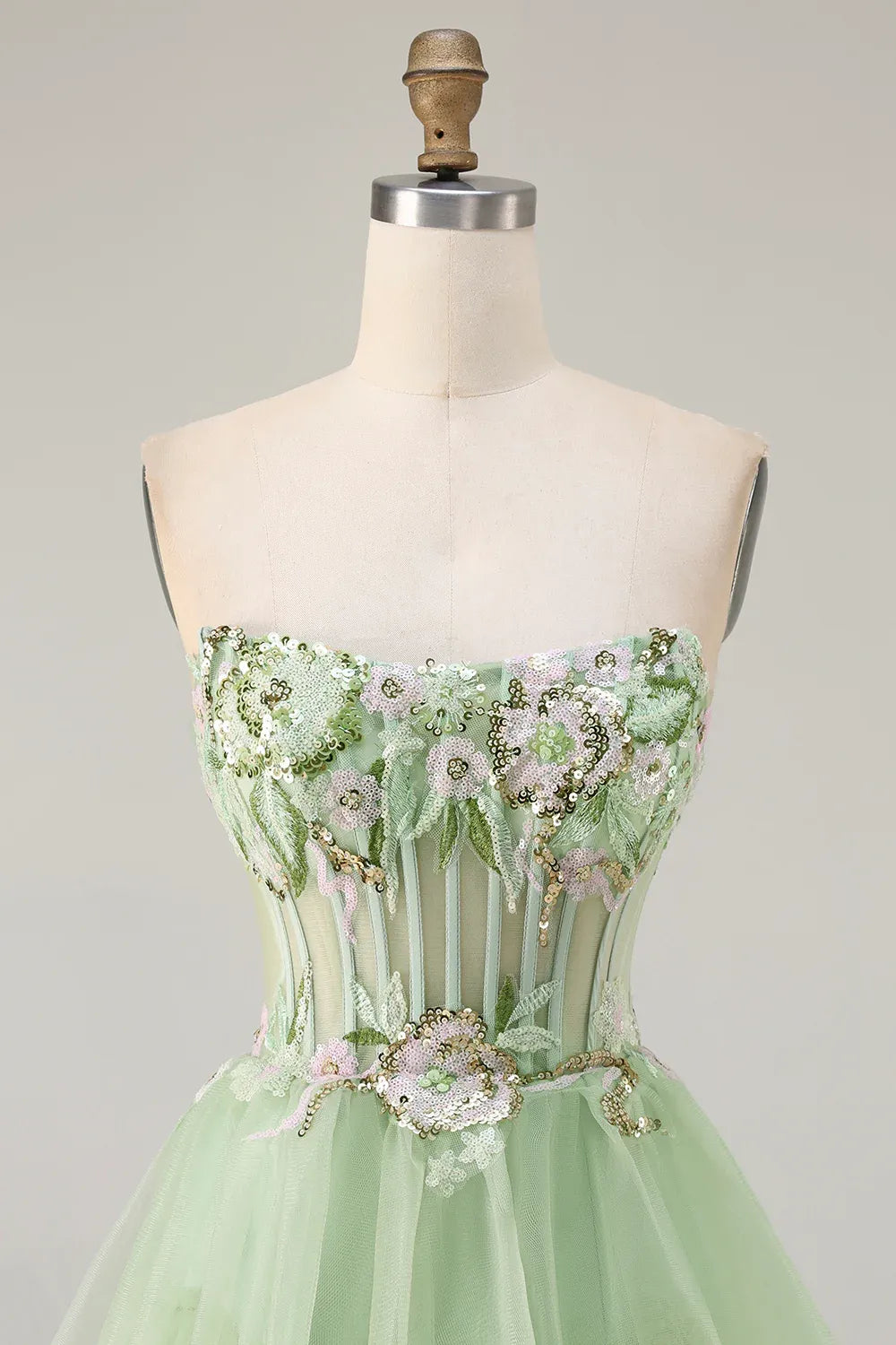 Ball Gown Strapless Corset Sequin Tiered Ruffle Sage Green Maxi Prom Dress With Slit
