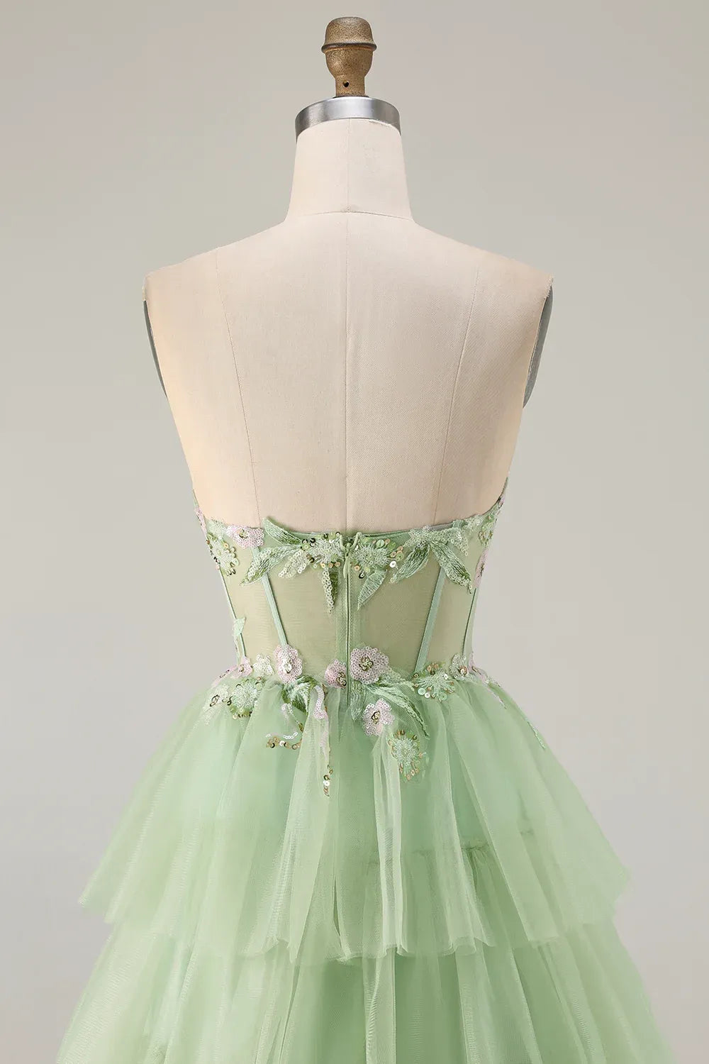 Ball Gown Strapless Corset Sequin Tiered Ruffle Sage Green Maxi Prom Dress With Slit