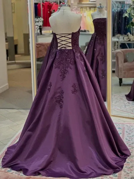 Ball Gown Strapless Lace Applique Satin Plum Purple Long Prom Dress For Women
