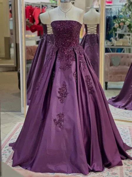 Ball Gown Strapless Lace Applique Satin Plum Purple Long Prom Dress For Women