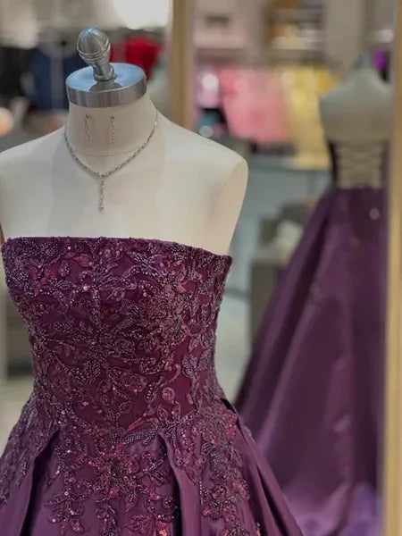 Ball Gown Strapless Lace Applique Satin Plum Purple Long Prom Dress For Women