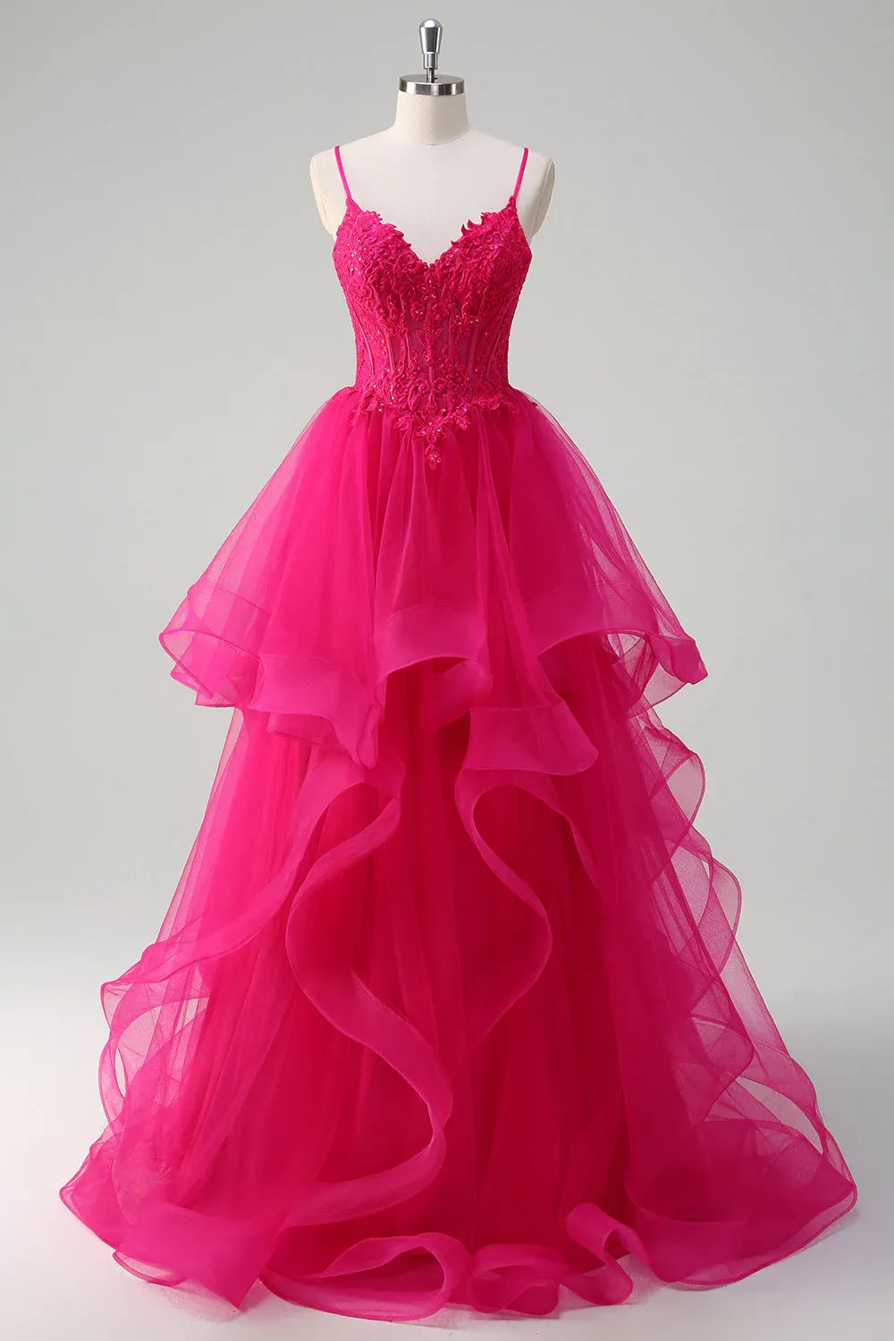 Ball Gown V Neck Sequin Appliques Ruffled Fuchsia Maxi Prom Dress Hot Sale