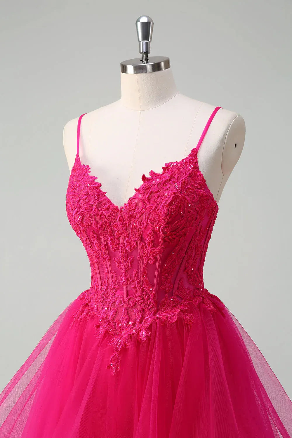 Ball Gown V Neck Sequin Appliques Ruffled Fuchsia Maxi Prom Dress Hot Sale