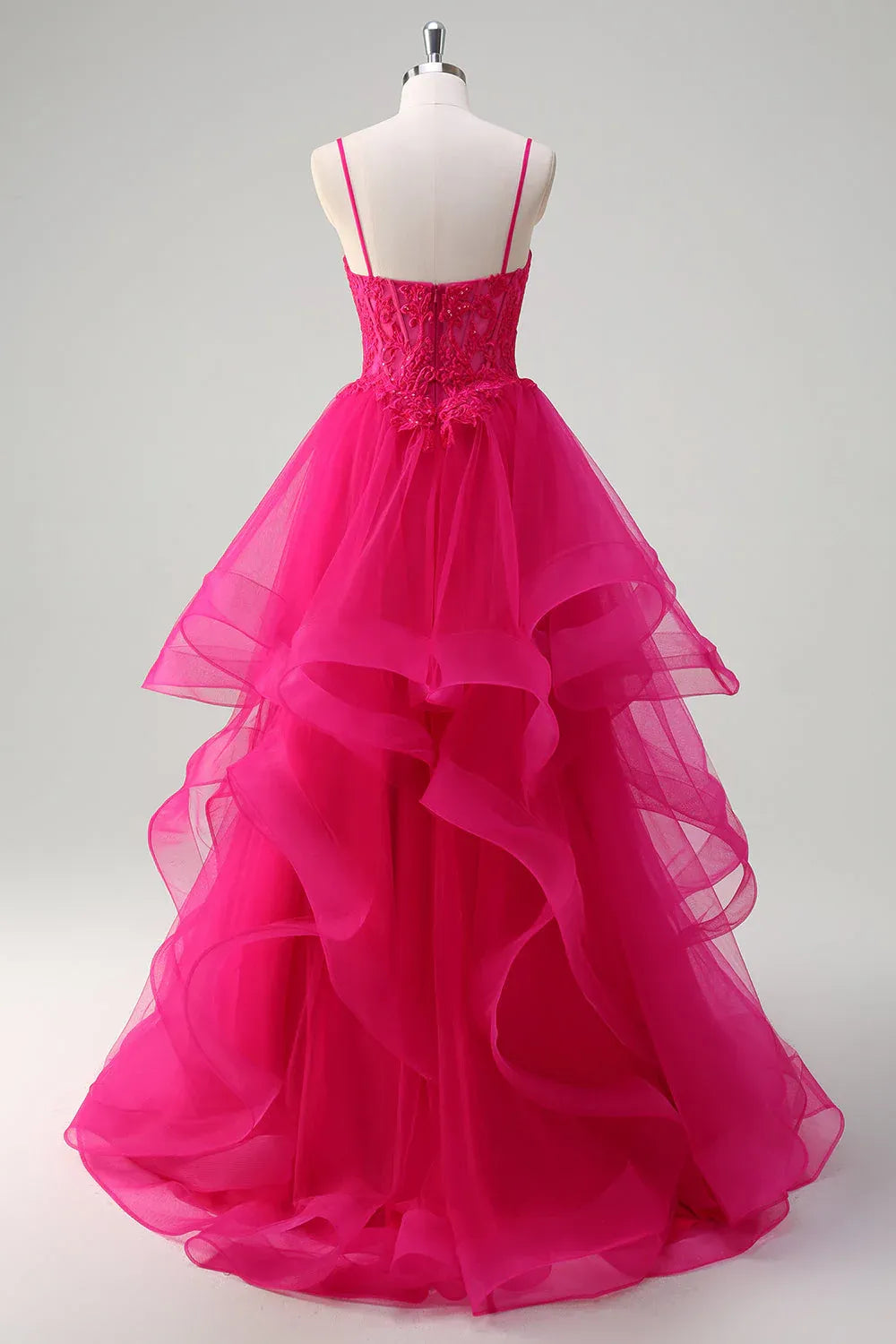 Ball Gown V Neck Sequin Appliques Ruffled Fuchsia Maxi Prom Dress Hot Sale