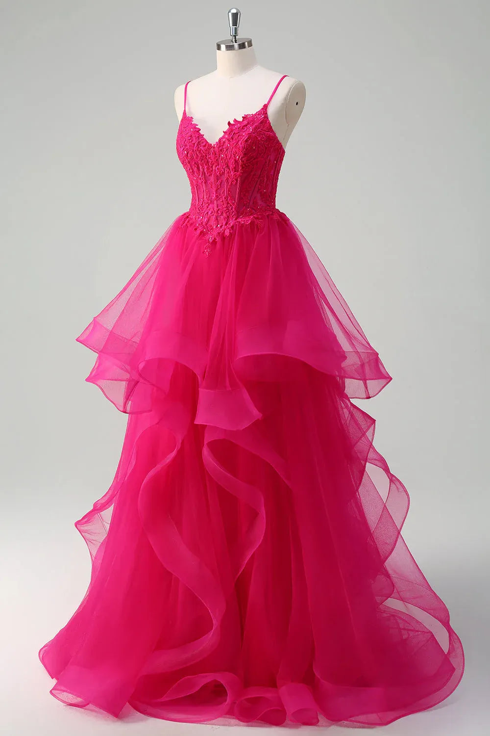 Ball Gown V Neck Sequin Appliques Ruffled Fuchsia Maxi Prom Dress Hot Sale