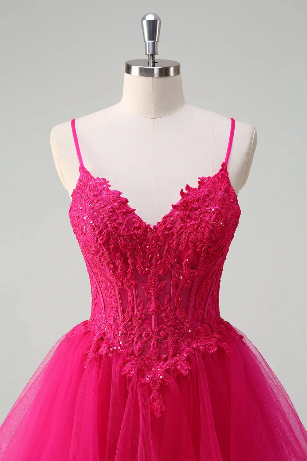 Ball Gown V Neck Sequin Appliques Ruffled Fuchsia Maxi Prom Dress Hot Sale