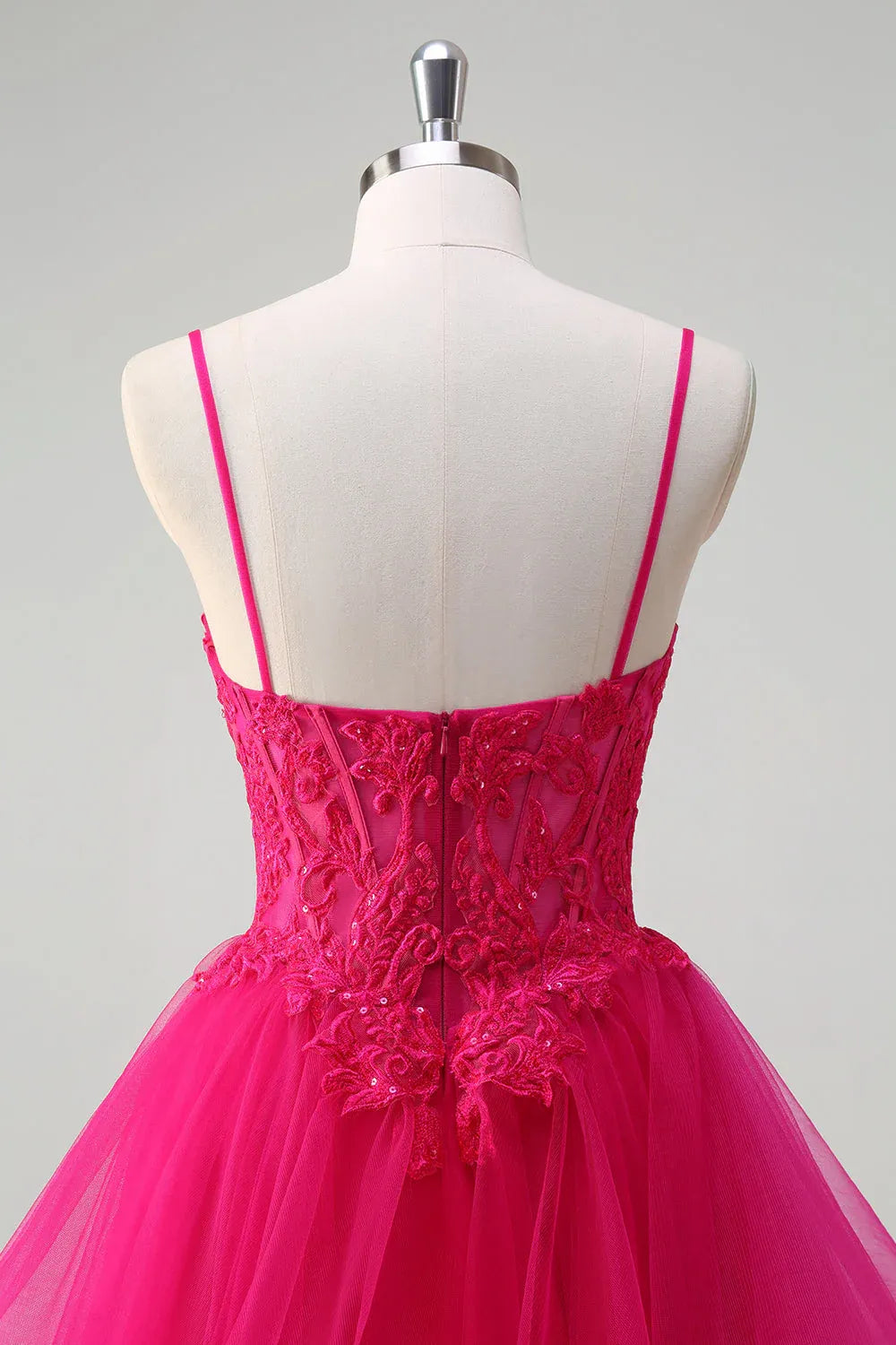 Ball Gown V Neck Sequin Appliques Ruffled Fuchsia Maxi Prom Dress Hot Sale