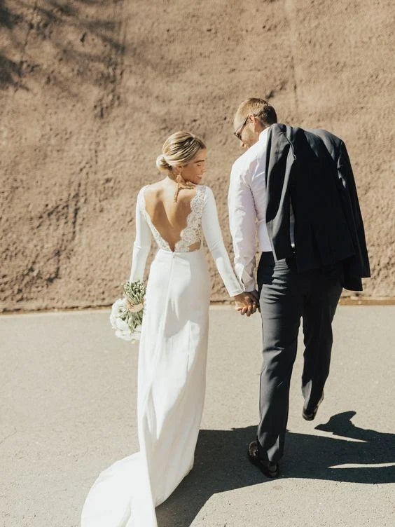 Bateau Neck Long Sleeves Slit White Prom Dress Wedding Dress With Train