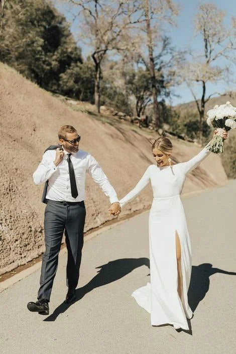 Bateau Neck Long Sleeves Slit White Prom Dress Wedding Dress With Train
