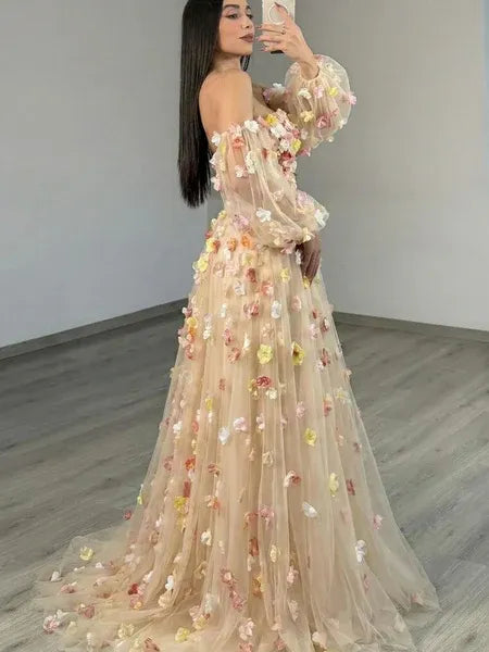 Beautiful A-Line Off-Shoulder 3D Floral Tulle Champagne Prom Dress Hot Sale