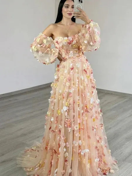Beautiful A-Line Off-Shoulder 3D Floral Tulle Champagne Prom Dress Hot Sale