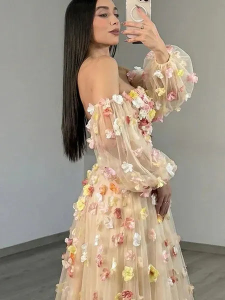 Beautiful A-Line Off-Shoulder 3D Floral Tulle Champagne Prom Dress Hot Sale