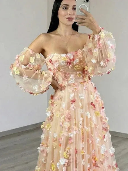 Beautiful A-Line Off-Shoulder 3D Floral Tulle Champagne Prom Dress Hot Sale