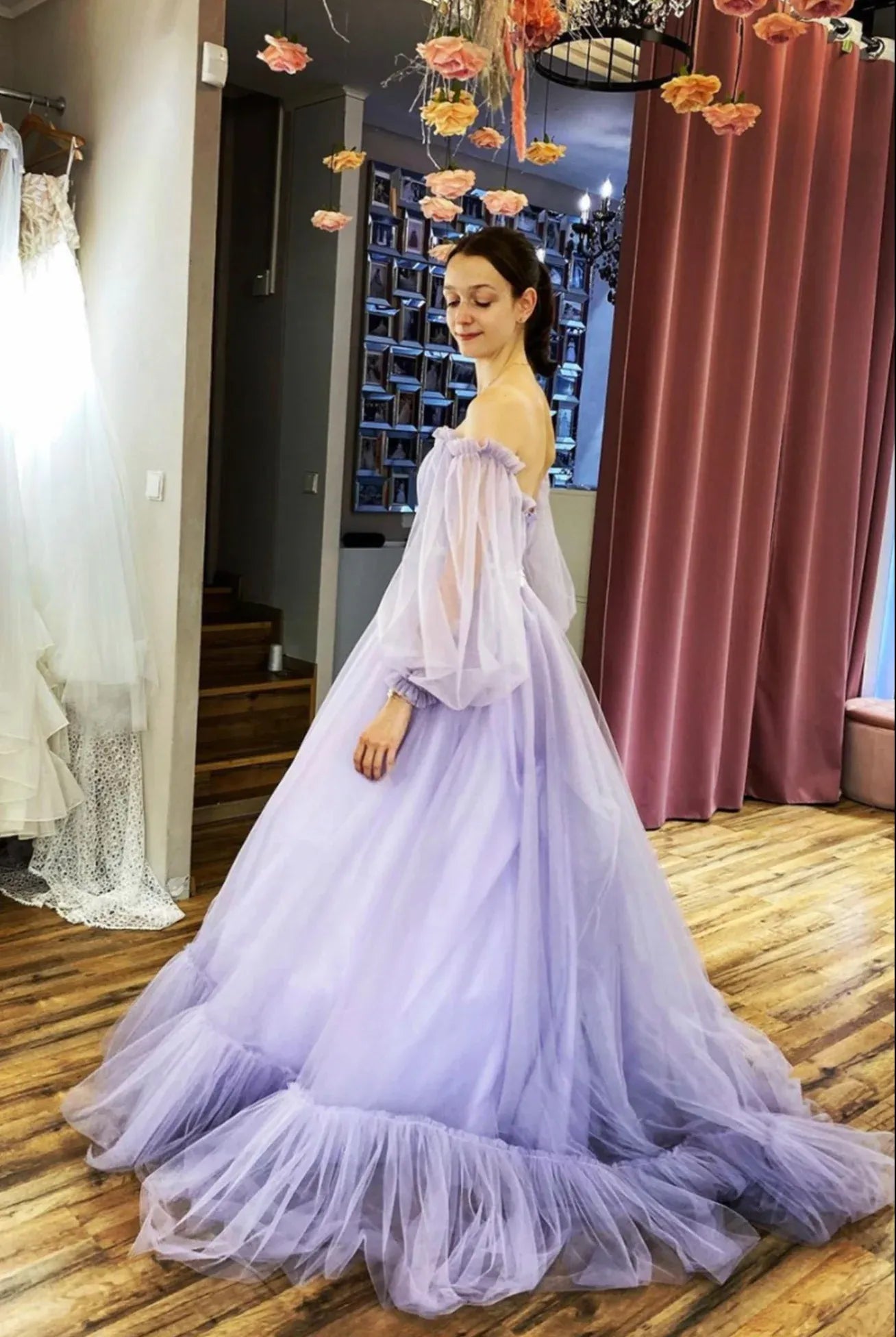 Beautiful A-Line Off the Shoulder Long Sleeve Lace Up Sweep/Brush Train Prom Dress