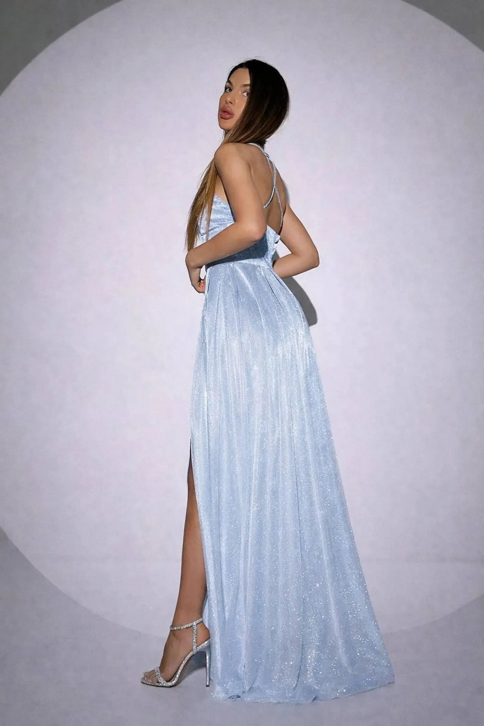 Beautiful A-Line Spaghetti Straps Light Blue Floor-Length Prom Dress With Slit