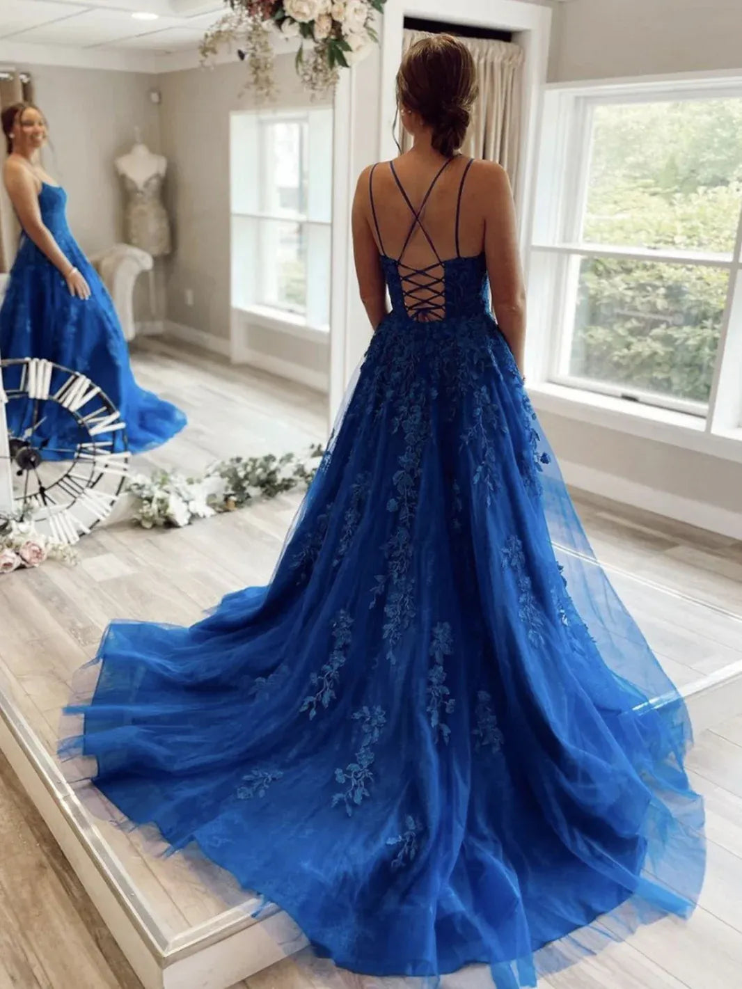 Beautiful A-Line Spaghetti Straps Sleeveless Backless Floor-Length Prom Dress