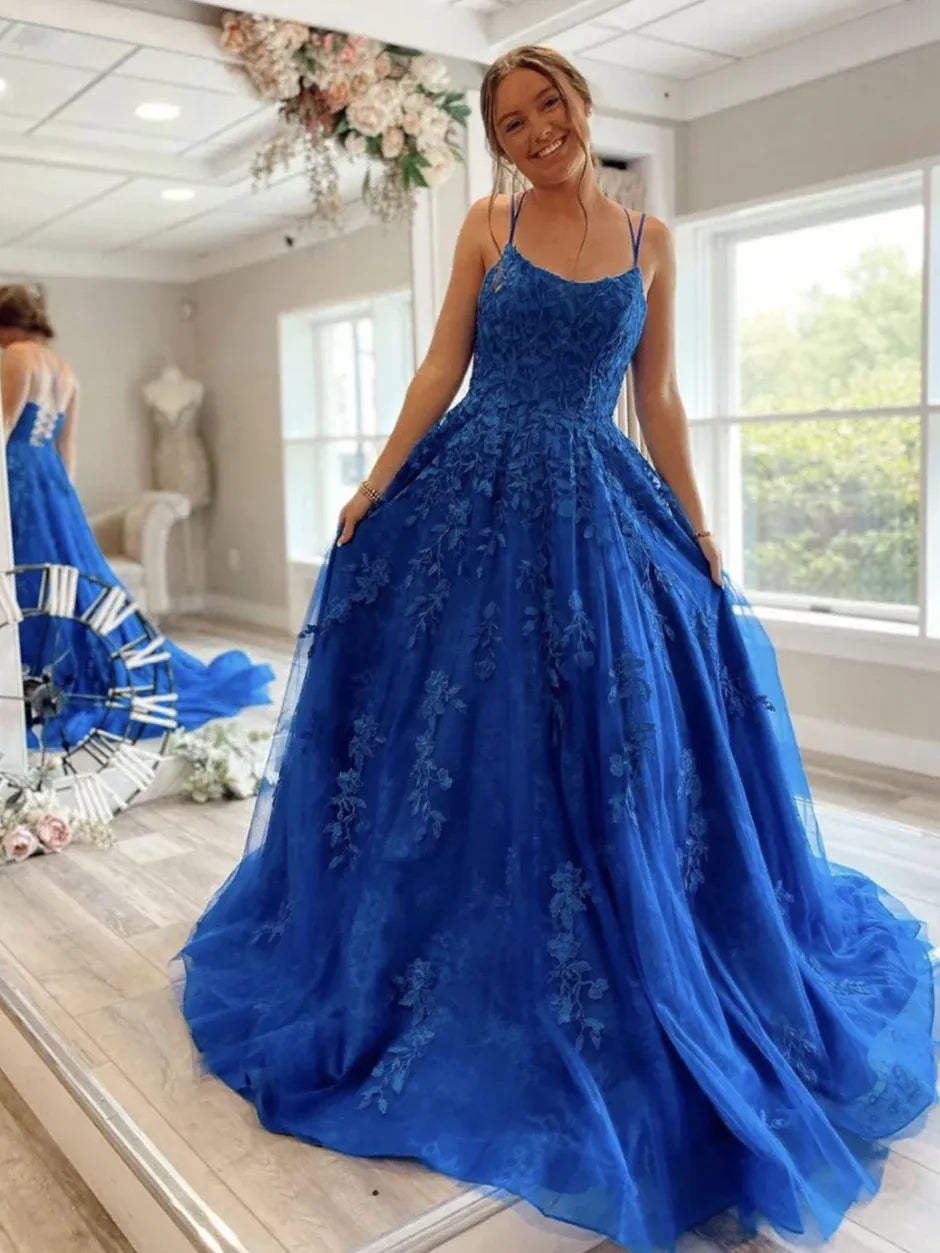 Beautiful A-Line Spaghetti Straps Sleeveless Backless Floor-Length Prom Dress