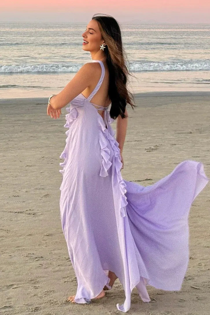Beautiful A-Line Strapless Ruffles Open Back Lilac Long Prom Dress