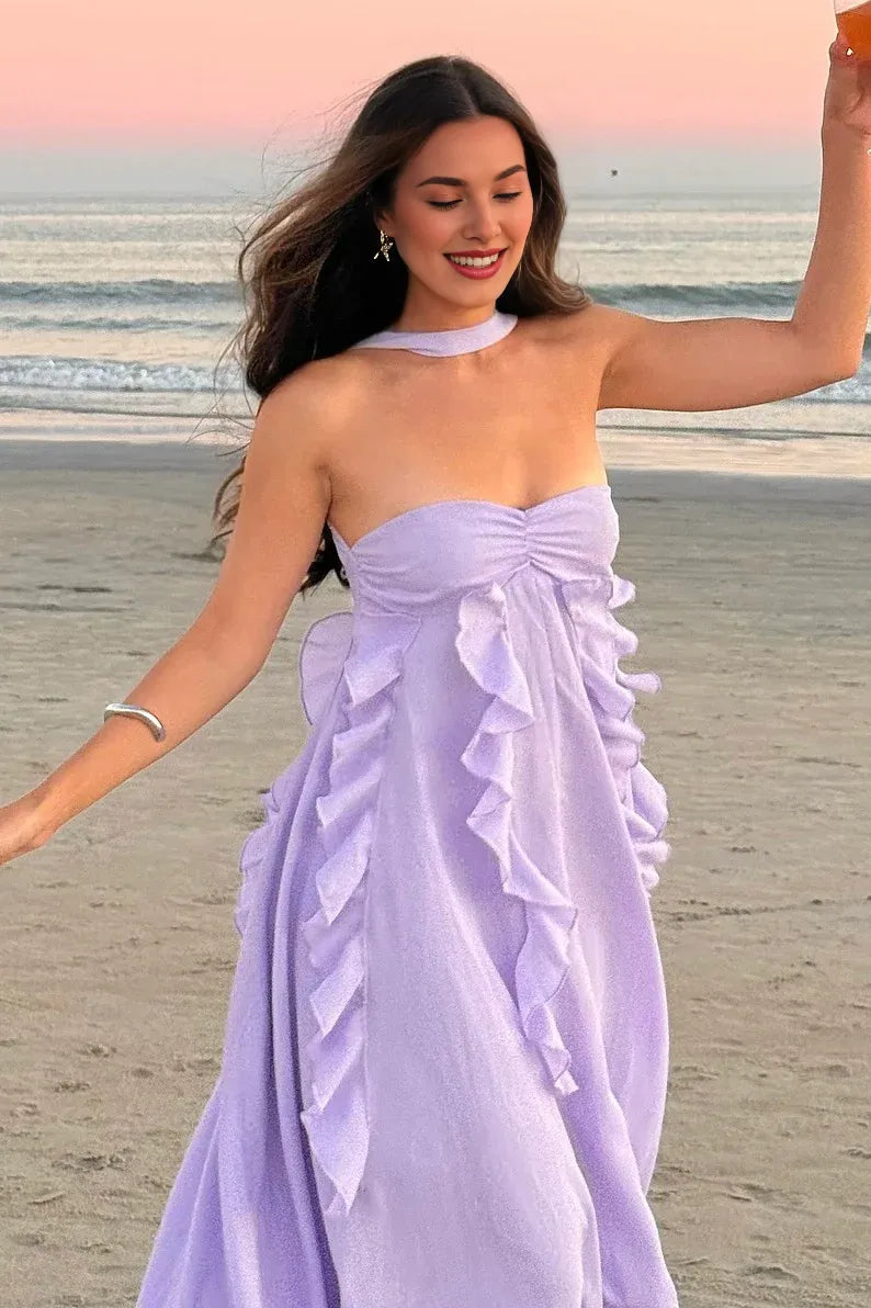Beautiful A-Line Strapless Ruffles Open Back Lilac Long Prom Dress
