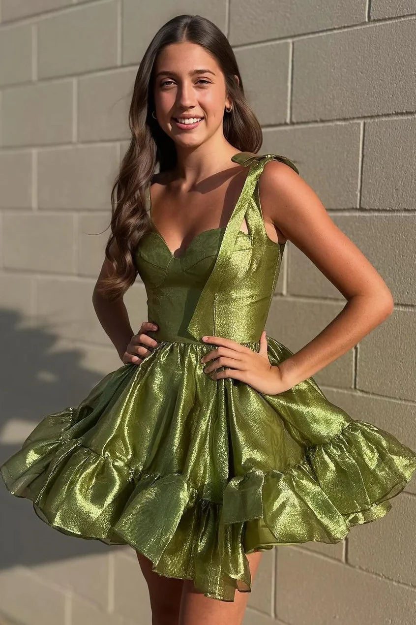 Beautiful A-Line Tie Straps Ruffle Organza Green Short Homecoming Dress