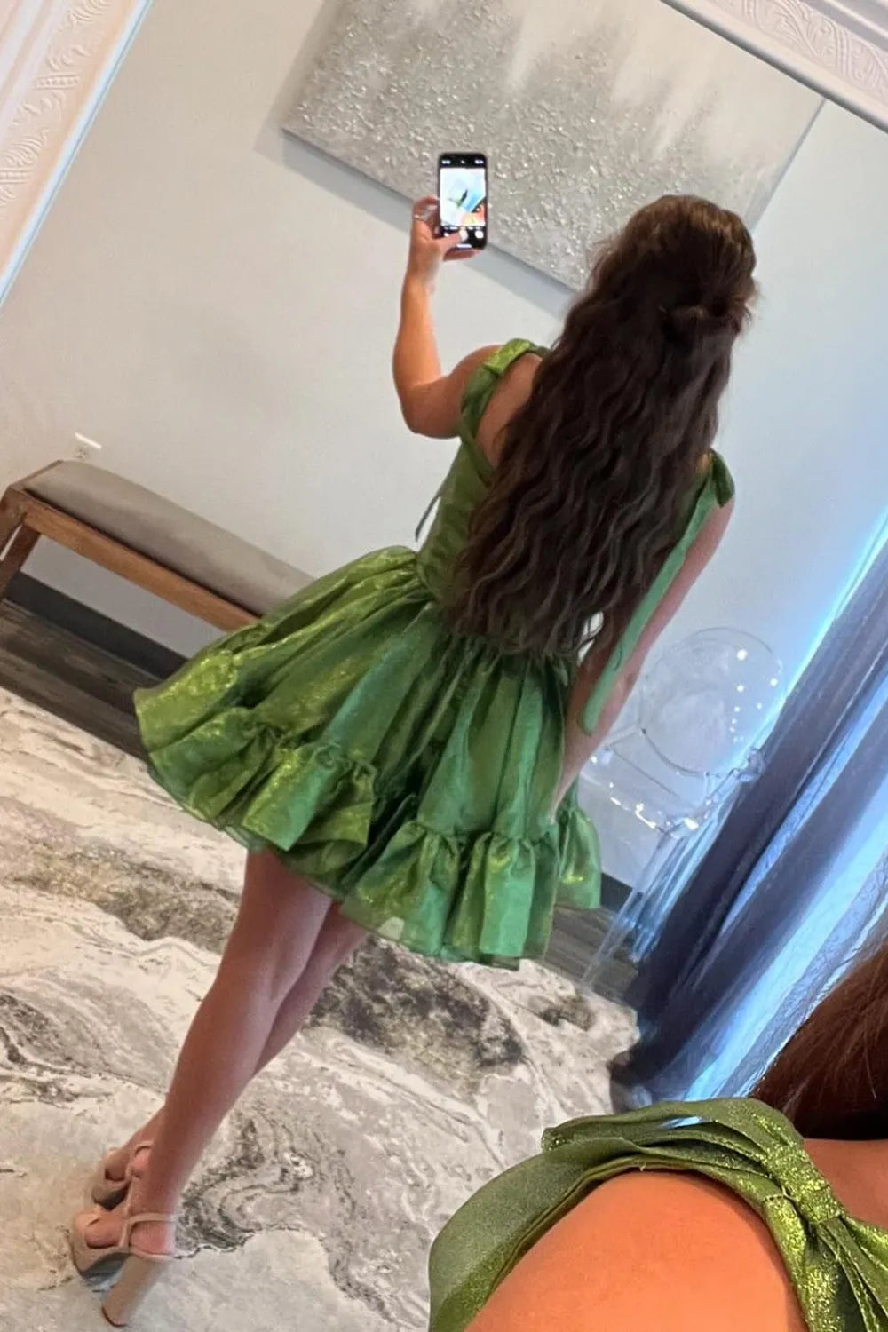 Beautiful A-Line Tie Straps Ruffle Organza Green Short Homecoming Dress