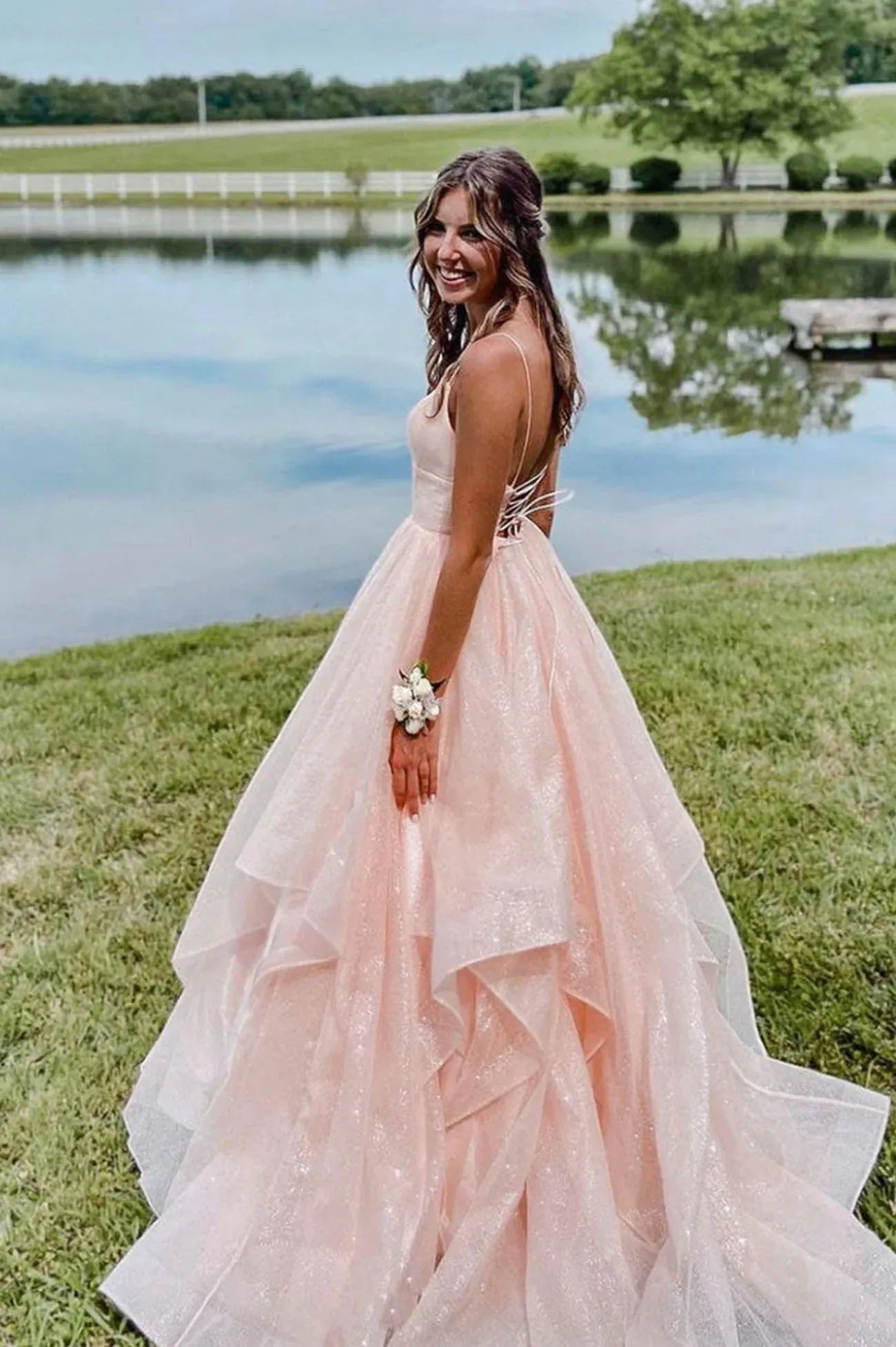 Beautiful A-Line V-Neck Sleeveless Lace Up Floor-Length Prom Dress
