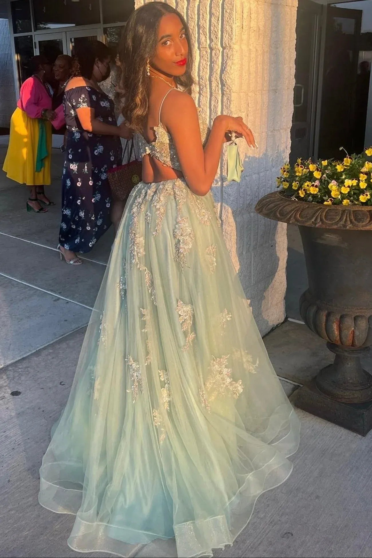 Beautiful A-Line V Neck Sleeveless Backless Floor-Length Prom Dress