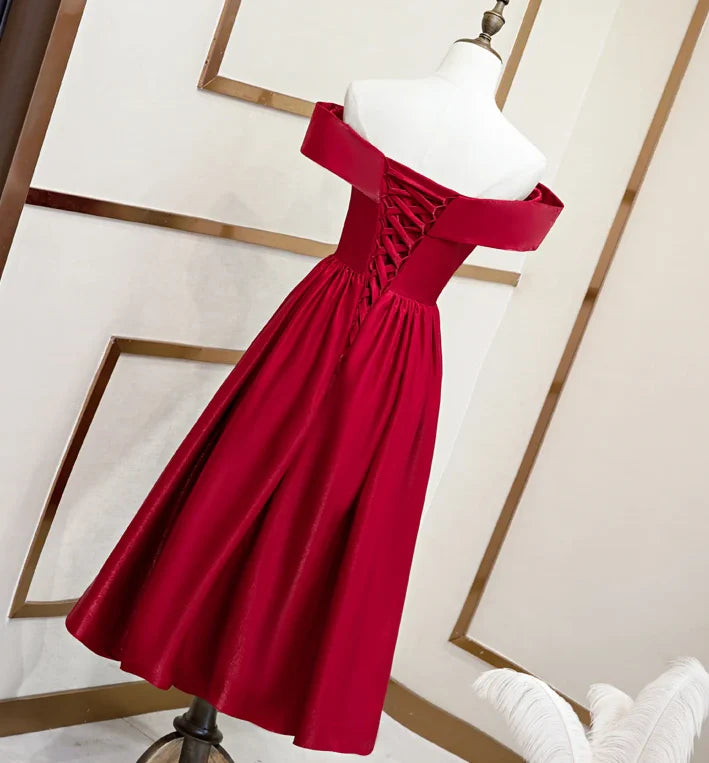 Beautiful A-line Off-the-Shoulder Satin Red Tea Length Bridesmaid Dress